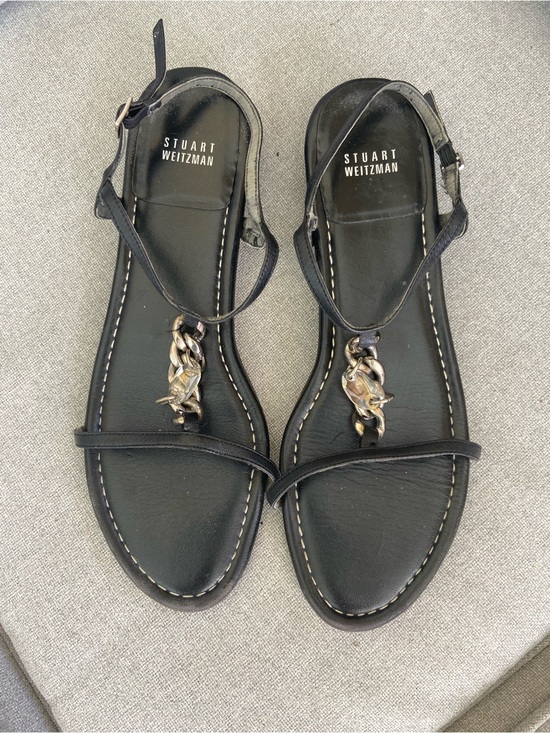 Stuart Weitzman Shoes - Stuart Weitzman Black Leather Chain-Accent Sandals